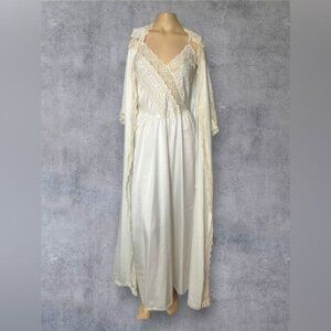 Vintage Victoria's Secret Ivory Satin Peignoir & Nightgown Set - Size M